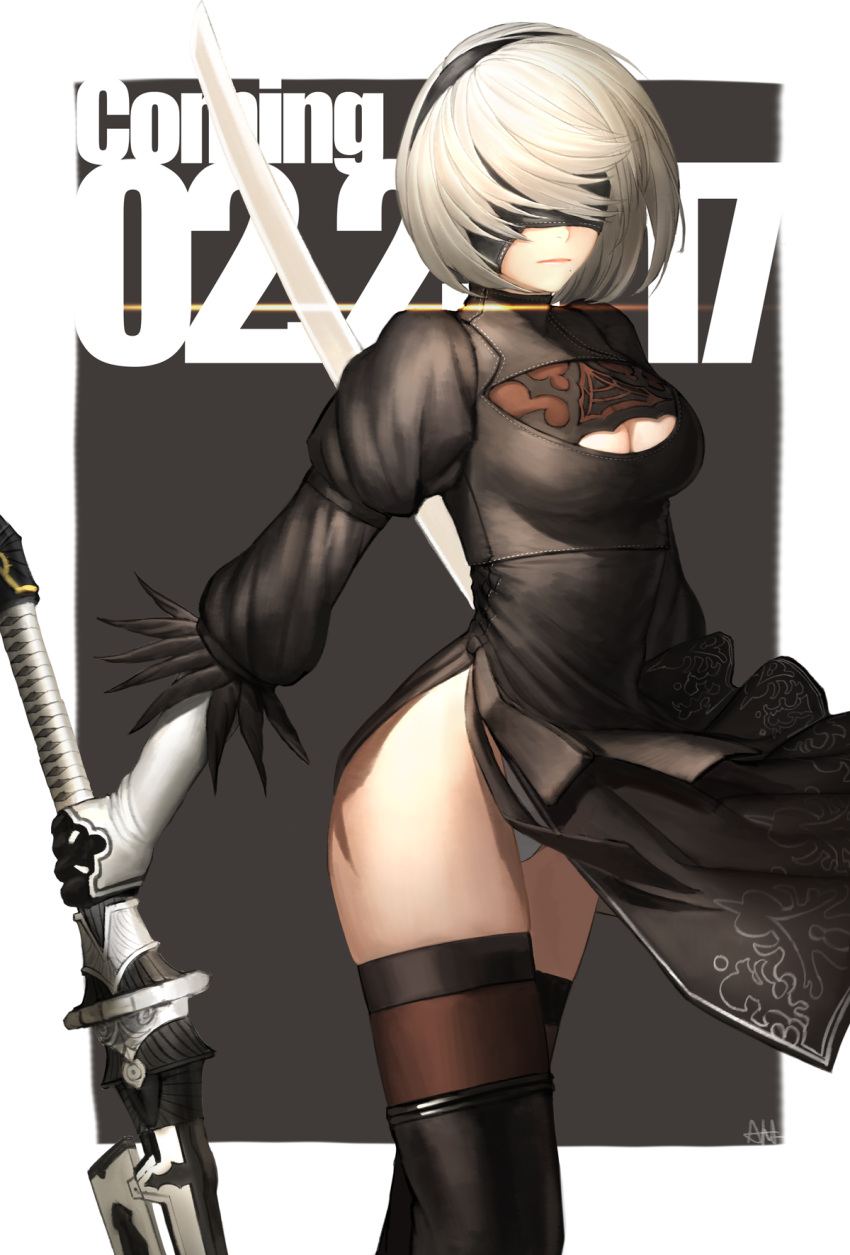 1girl ahd android black_boots black_dress black_gloves black_hairband black_legwear blindfold boots breasts cleavage cleavage_cutout closed_mouth covered_eyes cowboy_shot dress dual_wielding gloves hair_over_eyes hairband highres holding holding_sword holding_weapon juliet_sleeves legs_together lips long_sleeves medium_breasts mole mole_under_mouth nier_(series) nier_automata panties pantyshot pantyshot_(standing) puffy_sleeves short_hair side_slit signature silver_hair solo standing sword thigh-highs thigh_boots turtleneck underwear vambraces weapon white_panties yorha_unit_no._2_type_b