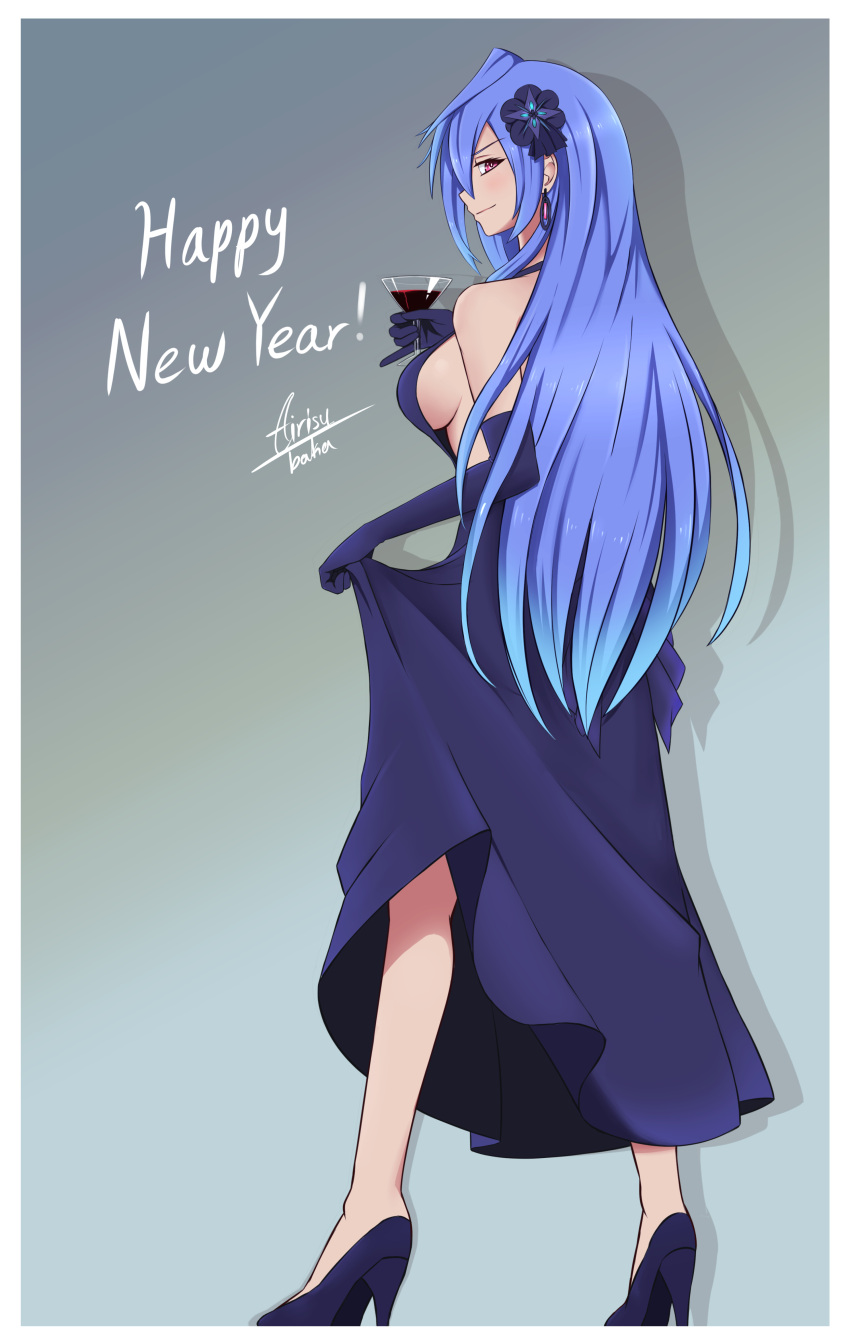 1girl absurdres alcohol artist_name blue_dress blue_hair breasts choujigen_game_neptune cup dress drinking_glass from_behind glass hair_ornament high_heels highres holding_glass iris_heart long_hair looking_at_viewer neptune_(series) new_year nightgown no_bra pose pururut red_eyes sideboob wine wine_glass