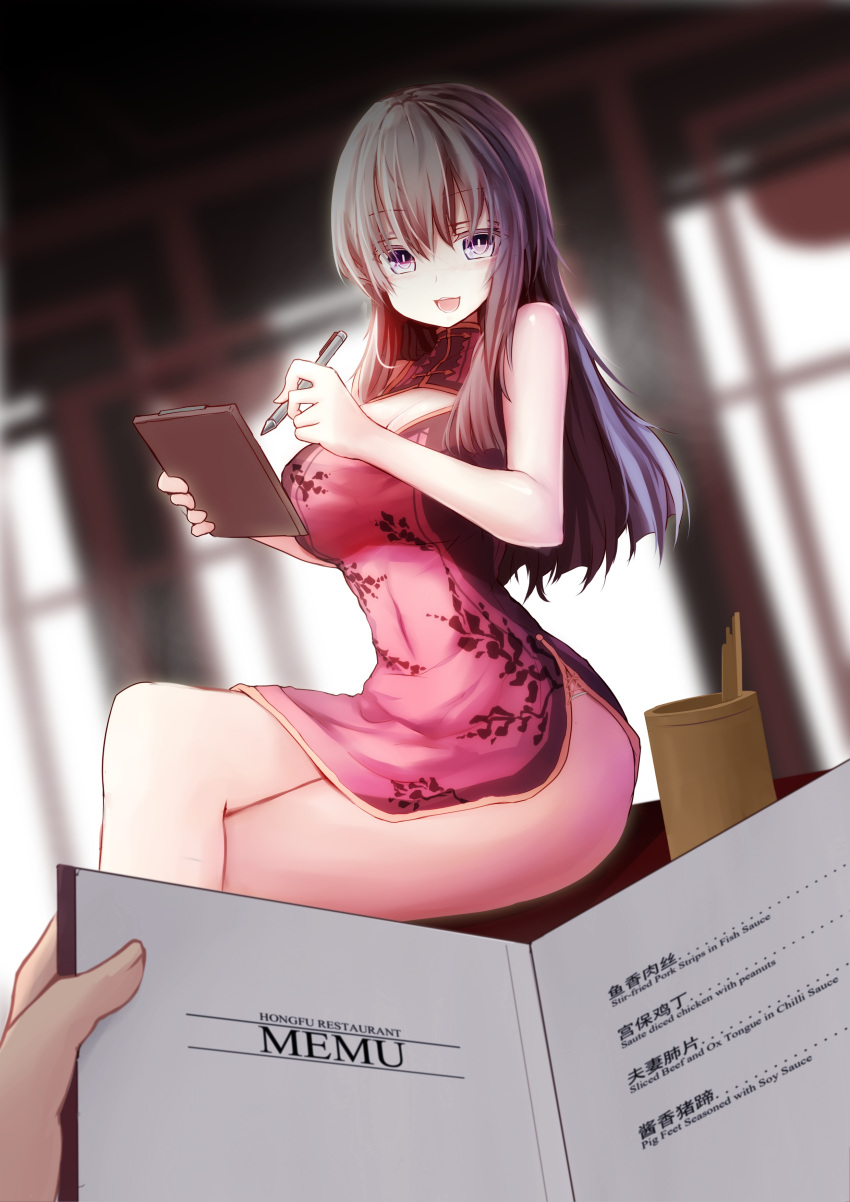 1girl absurdres bare_shoulders breasts brown_hair china_dress chinese chinese_clothes cleavage cleavage_cutout dress highres large_breasts long_hair looking_at_viewer menu open_mouth pencil restaurant sitting smile solo violet_eyes zheyi_parker