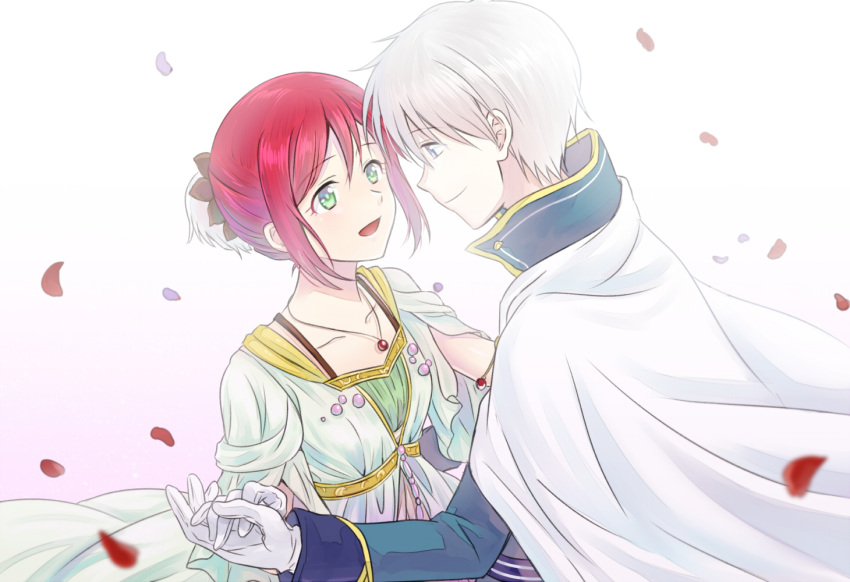 1boy 1girl akagami_no_shirayukihime blue_eyes cape collarbone couple dress eye_contact gloves gradient gradient_background green_eyes hair_ornament hand_holding jewelry looking_at_another necklace petals redhead rosa_tsubomi shirayuki_(akagami_no_shirayukihime) short_hair smile white_hair zen_wistalia