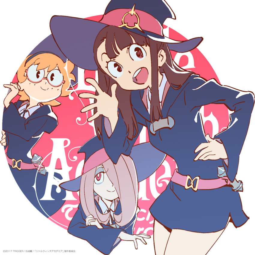 3girls akko_kagari bangs blunt_bangs bright_pupils brown_eyes brown_hair circle dress hair_over_one_eye hand_on_hip hat highres little_witch_academia logo lotte_yanson multiple_girls official_art orange_hair pink_eyes purple_hair school_uniform short_dress short_hair simple_background smile sucy_manbabalan trigger_(company) triggertop watermark waving white_background witch_hat yoshinari_you