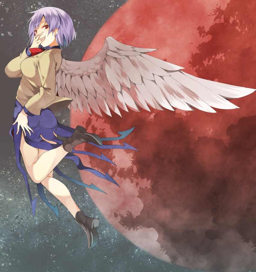 1girl black_shoes blue_dress covering_mouth dress feathered_wings flying from_side full_body grey_wings hasebe_yuusaku highres jacket kishin_sagume long_sleeves looking_at_viewer looking_to_the_side planet red_eyes shoes short_hair silver_hair single_wing solo space touhou wings