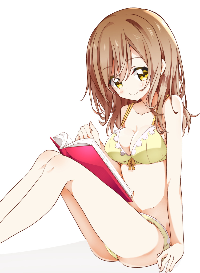 1girl absurdres book bra breasts brown_hair cleavage highres kunikida_hanamaru long_hair love_live! love_live!_sunshine!! medium_breasts nanakusa_(user_rnpt7322) navel panties simple_background sitting smile solo underwear underwear_only white_background yellow_bra yellow_eyes yellow_panties