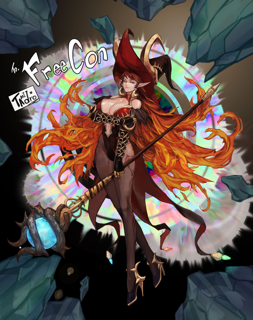 1girl absurdres bare_shoulders breasts brown_hair dungeon_and_fighter gradient_hair hat highres large_breasts legs lips long_hair looking_at_viewer multicolored_hair pointy_ears redhead smile solo staff tamidro thighs very_long_hair violet_eyes witch witch_hat