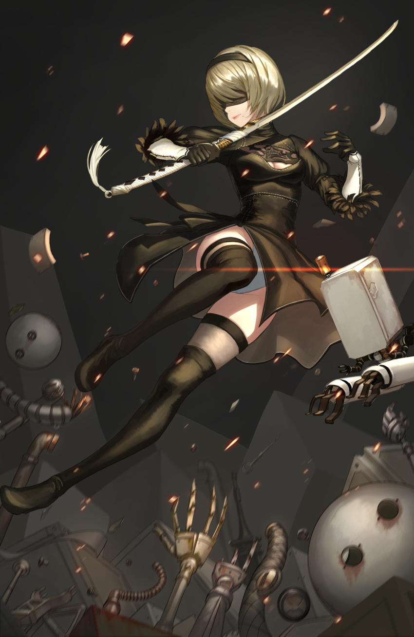 1girl android black_boots black_dress black_gloves black_hairband black_legwear black_ribbon blindfold boots breasts closed_mouth covered_eyes dress drone floating gloves groin hair_over_eyes hairband hands_up highleg highleg_leotard highres holding holding_sword holding_weapon juliet_sleeves katana knee_up legs_apart leotard lips long_sleeves machinery medium_breasts midair nier_(series) nier_automata pink_lips pod_(nier_automata) puffy_sleeves ribbon robot scraps short_dress short_hair silver_hair solo sword tassel thigh-highs thigh_boots turtleneck unsheathed vambraces weapon white_leotard yorha_unit_no._2_type_b yuepeng_xiao