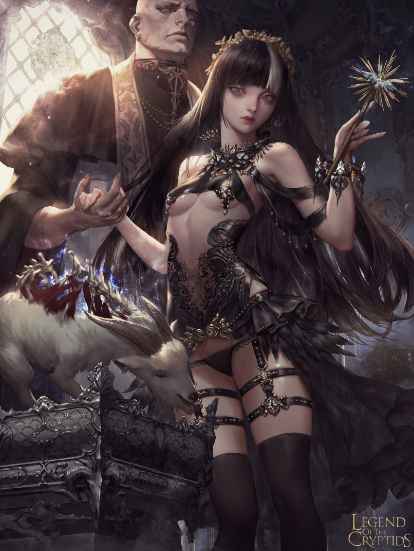 1girl absurdres bald bangs bare_shoulders black_hair black_legwear black_panties blunt_bangs bone bracelet breasts copyright_name death dospi goat hand_holding highres jewelry lace lace-trimmed_panties legend_of_the_cryptids lips long_hair looking_at_viewer magic multicolored_hair official_art panties priest revealing_clothes solo spine thigh-highs thigh_gap two-tone_hair under_boob underwear wand white_hair window