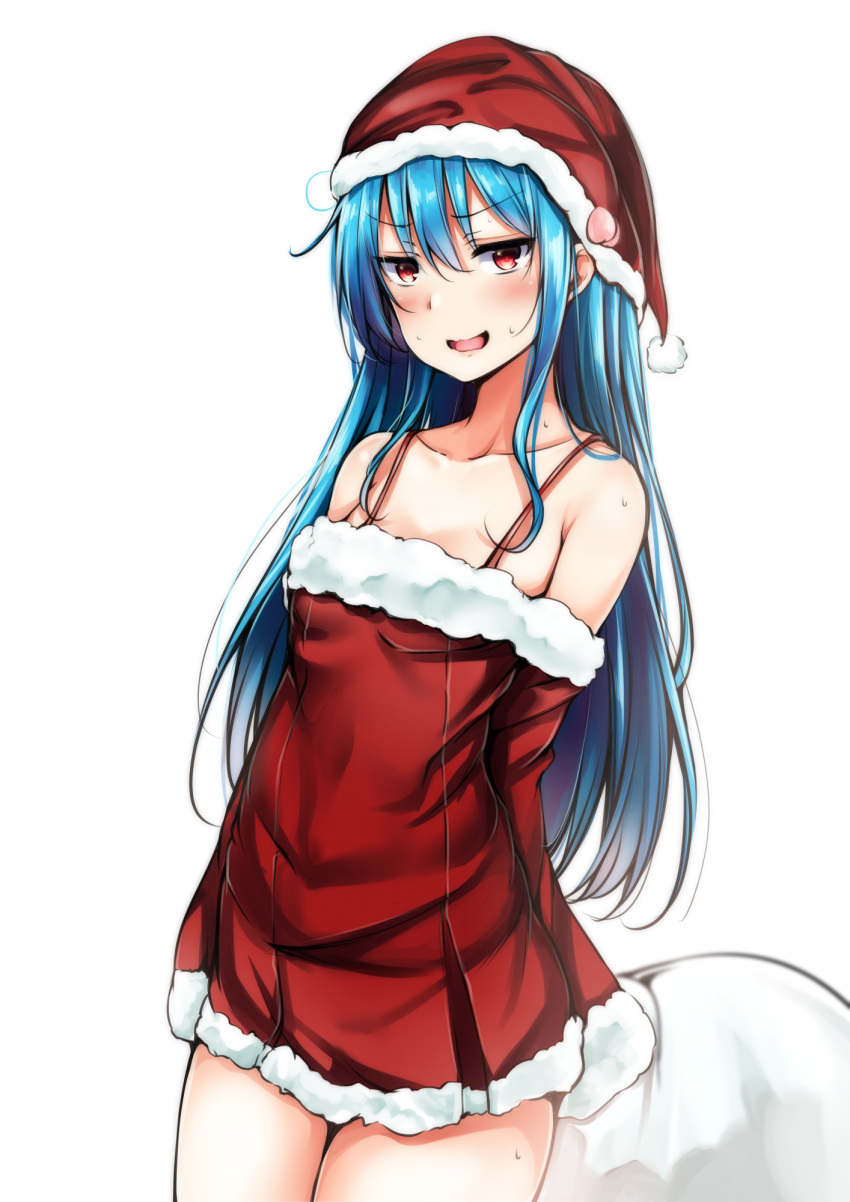 &gt;:d 1girl :d alternate_costume bare_shoulders blue_hair blush breasts collarbone cowboy_shot dress food fruit fur_trim hair_between_eyes hat highres hinanawi_tenshi long_hair looking_at_viewer open_mouth peach red_dress red_eyes sack santa_costume santa_hat short_dress sidelocks small_breasts smile solo sweat touhou white_background yuhito_(ablbex)