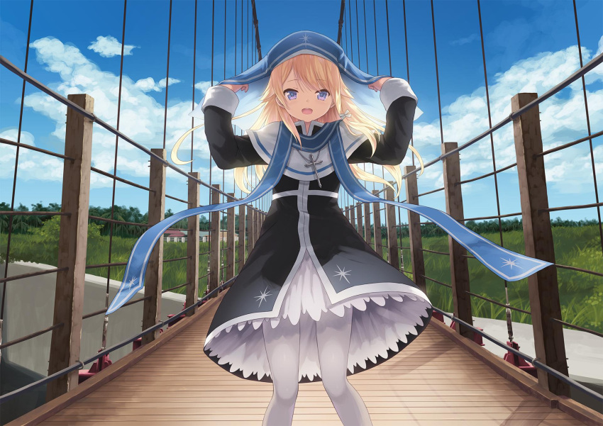 1girl arms_up artist_request black_dress blonde_hair blue_eyes cross cross_necklace dress eyebrows_visible_through_hair floating_hair hair_ribbon highres jewelry long_hair looking_at_viewer magi_in_wanchin_basilica necklace nun open_mouth ribbon solo standing thigh-highs white_legwear white_ribbon xiao_ma