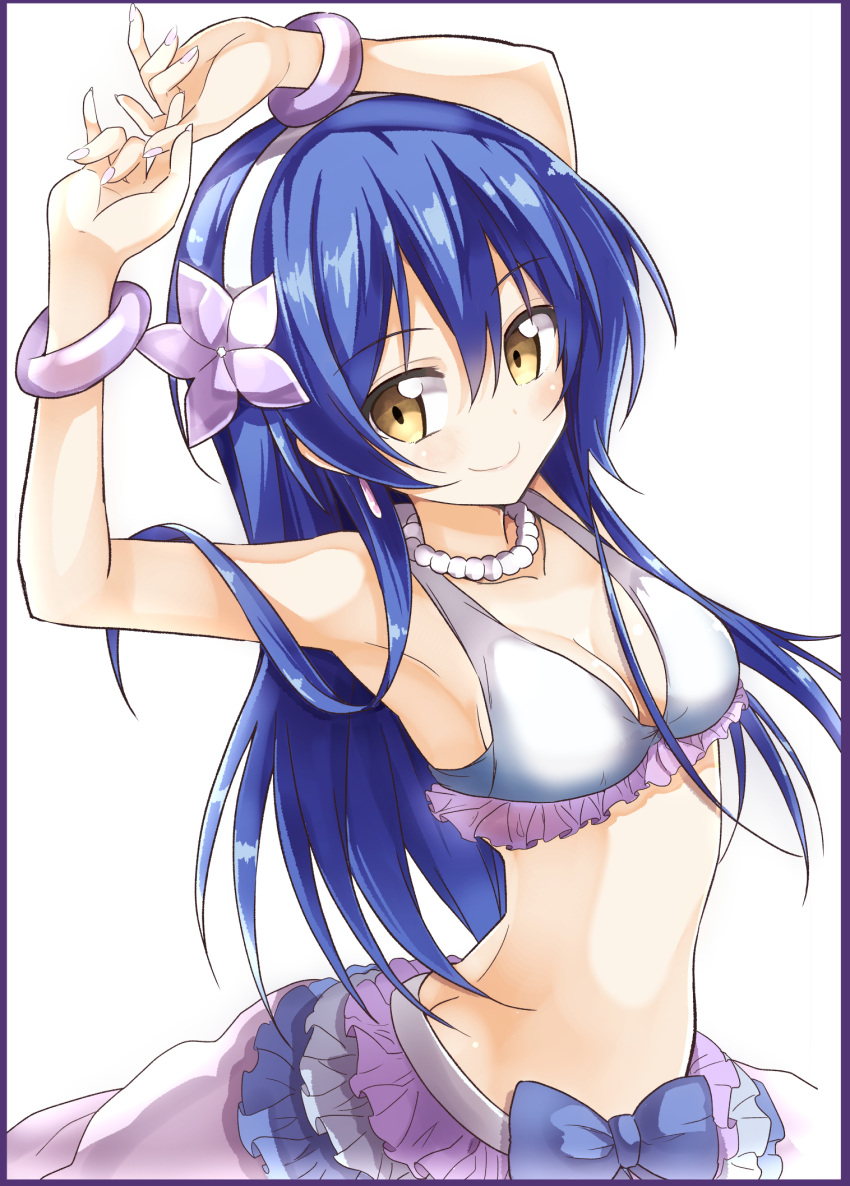 1girl armpits arms_up blue_hair bracelet breasts cleavage flower hair_flower hair_ornament hairband highres jewelry long_hair looking_to_the_side love_live! love_live!_school_idol_project medium_breasts nanakusa_(user_rnpt7322) necklace smile solo sonoda_umi white_background yellow_eyes