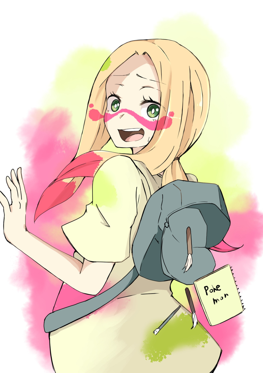 1girl :d backpack bag bare_arms blonde_hair bright_pupils eyebrows_visible_through_hair eyelashes eyes_visible_through_hair facepaint from_behind green_eyes highres long_hair looking_at_viewer looking_back low_ponytail matsurika_(pokemon) notepad open_mouth oshan oversized_clothes oversized_shirt paint paintbrush pokemon pokemon_(game) pokemon_sm raised_eyebrows shirt short_sleeves smile solo standing sweat teeth tongue trial_captain yellow_shirt