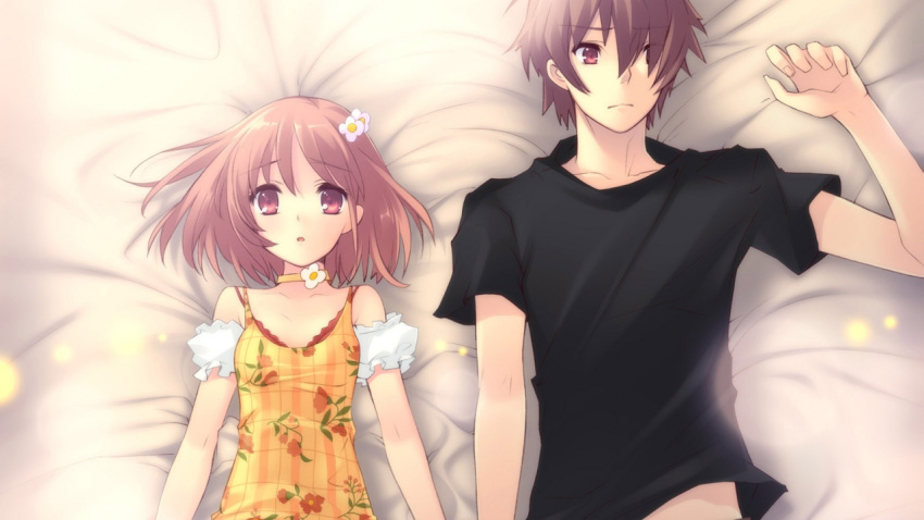 1boy 1girl black_shirt brown_hair closed_mouth couple flower flyable_heart game_cg hand_holding inaba_yui itou_noiji katsuragi_shou lying on_side shirt short_hair skirt sparkle