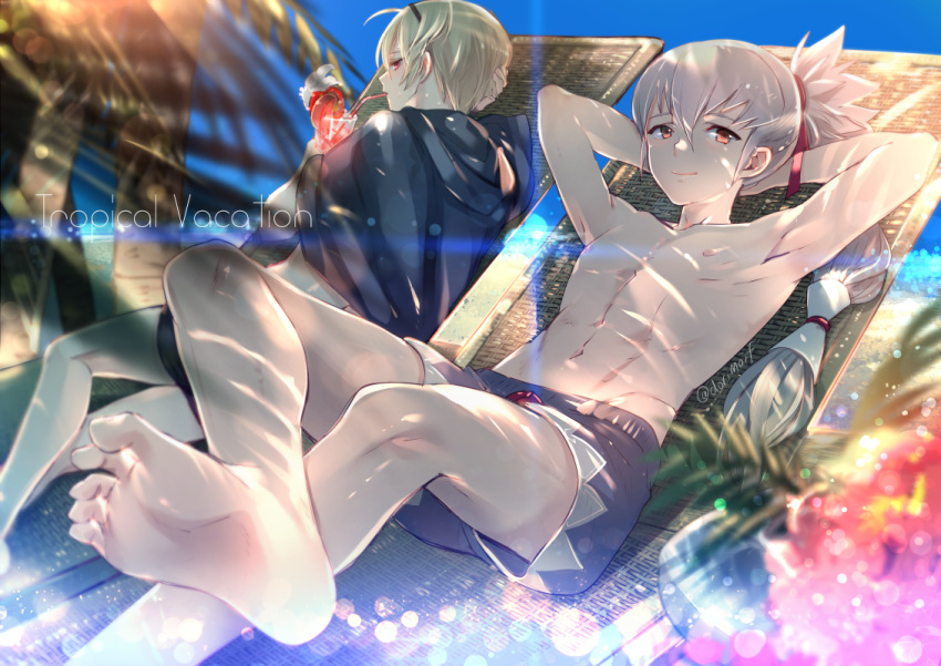 2boys bare_arms bare_legs bare_shoulders barefoot beach blonde_hair cape coconut_tree cup drink drinking_glass drinking_straw english fire_emblem fire_emblem_if flower hair_ribbon leon_(fire_emblem_if) lying miyuki_ruria multiple_boys ocean on_side palm_tree ponytail red_eyes ribbon sand short_hair shorts silver_hair smile sun takumi_(fire_emblem_if) tree tropical tropical_drink