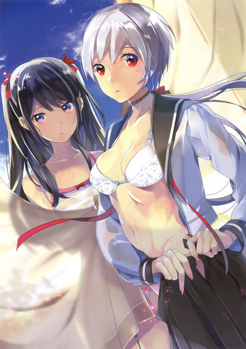 2girls absurdres black_hair black_skirt bra breasts choker cleavage collarbone dutch_angle grey_hair groin hair_ribbon highres long_hair looking_at_viewer medium_breasts mole mole_under_eye multiple_girls navel open_clothes open_shirt open_skirt original outdoors pleated_skirt ponytail red_eyes red_ribbon ribbon see-through_silhouette shirt skirt taira_tsukune twintails underwear undressing violet_eyes wet wet_clothes wet_shirt white_bra white_shirt