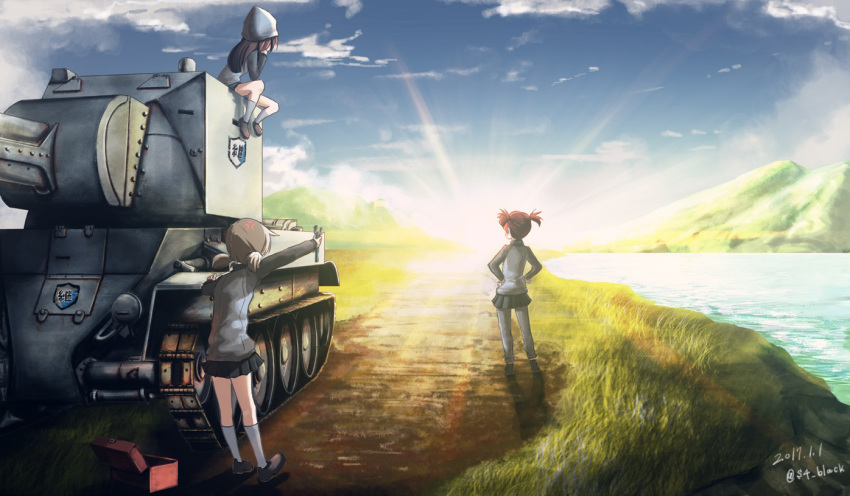 3girls aki_(girls_und_panzer) black_hair brown_hair bt-42 clouds commentary dated dirt_road girls_und_panzer grass ground_vehicle hand_on_own_chin hands_on_hips hat hill horizon jinguu_(4839ms) light_rays long_hair looking_afar mika_(girls_und_panzer) mikko_(girls_und_panzer) military military_vehicle motor_vehicle multiple_girls new_year river road school_uniform short_hair short_twintails signature sitting sky sunlight sunrise tank toolbox track_suit twintails twitter_username vanishing_point wrench