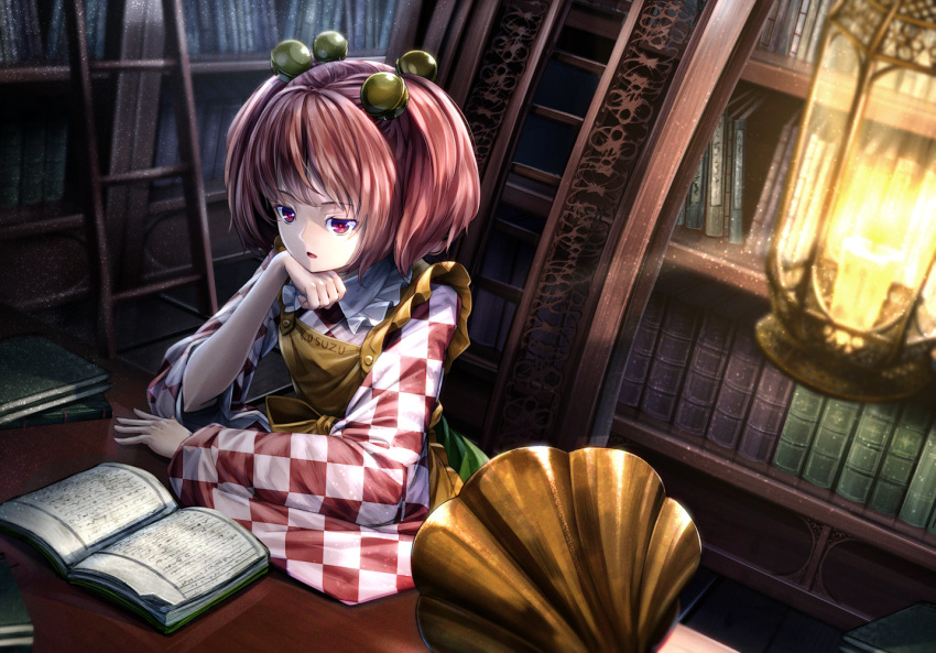 1girl apron arm_support bell book bookshelf character_name checkered checkered_kimono chin_rest clothes_writing commentary elbow_rest forbidden_scrollery hair_bell hair_ornament indoors japanese_clothes kimono ladder lamp library light_particles long_sleeves motoori_kosuzu open_book open_mouth phonograph reading red_eyes redhead revision romaji ryosios short_hair solo table touhou two_side_up upper_body