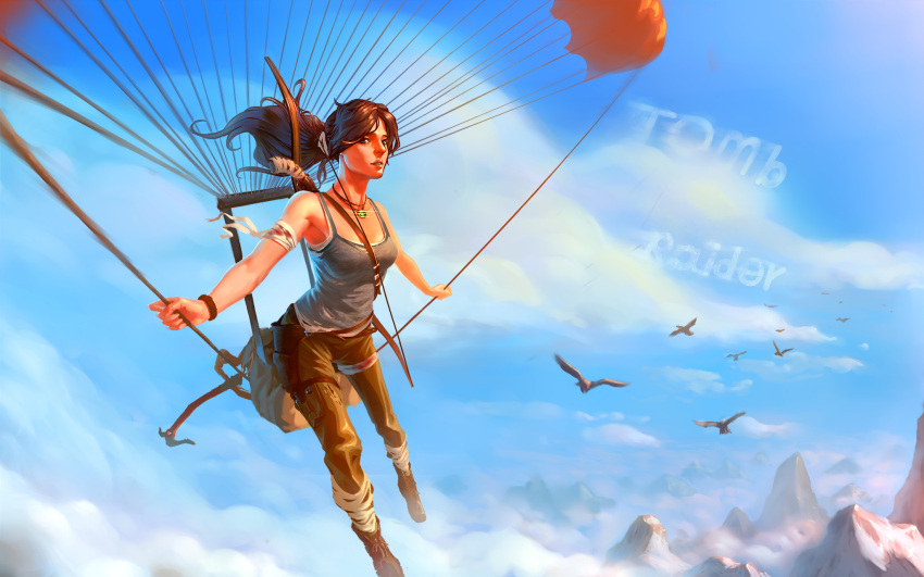 1girl bandaged_arm bow_(weapon) breasts brown_eyes brown_hair clouds highres injury jewelry jukun lara_croft long_hair necklace nose parachute pixiv_tomb_raider_contest ponytail small_breasts solo tank_top tomb_raider tomb_raider_(reboot) weapon