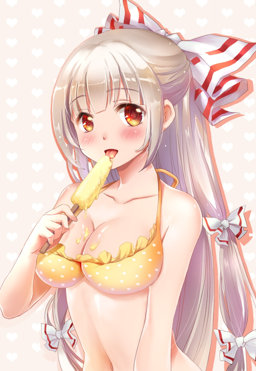 1girl bikini blush bow breasts cleavage collarbone eyebrows_visible_through_hair food fujiwara_no_mokou hair_bow halterneck highres hime_cut large_breasts popsicle red_eyes sexually_suggestive shangguan_feiying silver_hair solo swimsuit touhou