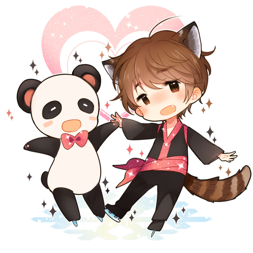 1boy animal_ears bow bowtie brown_eyes brown_hair fang fuuko_(2679566944) heart highres ice_skates ji_guang-hong kemonomimi_mode male_focus open_mouth panda red_panda_ears red_panda_tail skates smile sparkle tail yuri!!!_on_ice