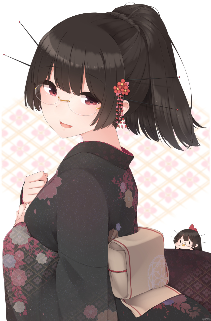 1girl alternate_costume alternate_hairstyle black_hair breasts choukai_(kantai_collection) eyebrows floral_background floral_print glasses hair_ornament hand_on_own_chest headgear highres japanese_clothes kantai_collection kimono long_hair looking_at_viewer medium_breasts minigirl obi open_mouth ponytail red_eyes sash smile solo white_background yukichi_(sukiyaki39)