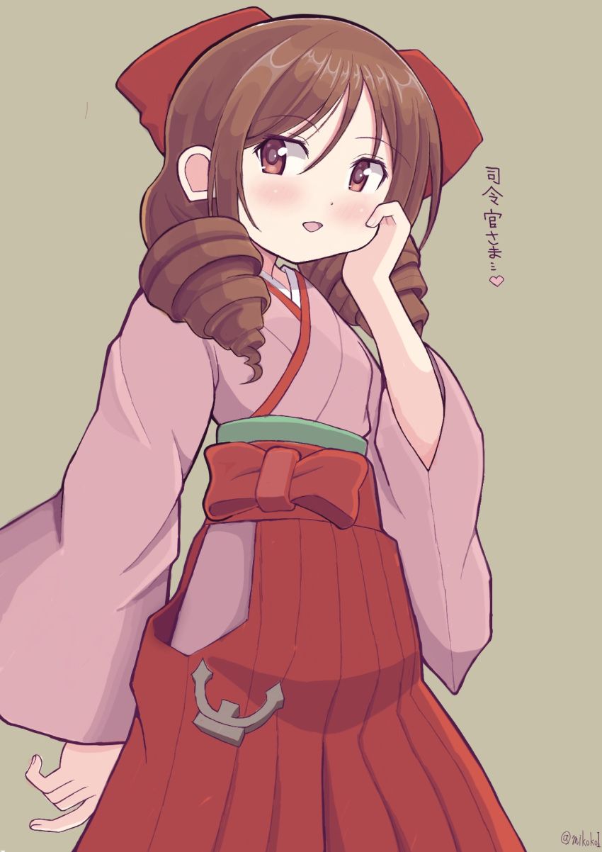 1girl anchor bow brown_hair drill_hair hair_bow hakama hand_on_own_cheek harukaze_(kantai_collection) highres japanese_clothes kantai_collection kimono long_hair meiji_schoolgirl_uniform mikoko1 open_mouth pink_kimono red_bow red_eyes red_hakama simple_background standing twin_drills