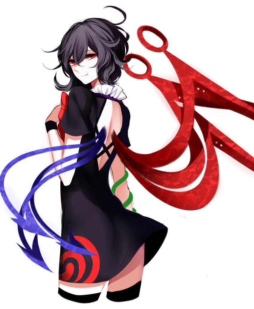 1girl absurdres arched_back arm_at_side back bangs black_dress black_hair black_legwear dress dress_lift from_behind hair_between_eyes hand_on_own_chest highres houjuu_nue looking_at_viewer looking_back open-back_dress red_eyes sheya short_dress short_hair short_sleeves simple_background smile snake solo thigh-highs thighs touhou white_background wristband zettai_ryouiki