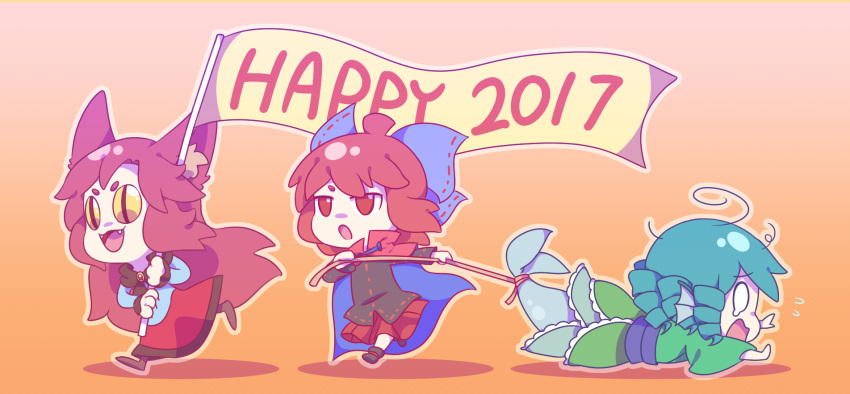 2017 3girls :3 :d ahoge animal_ears black_blouse blouse blue_bow blue_hair bow brooch brown_hair cape chibi dragging dress drill_hair fangs fish_tail flying_sweatdrops frilled_sleeves frills green_kimono guuchama hair_bow happy_new_year head_fins high_collar highres holding_flag imaizumi_kagerou japanese_clothes jewelry jitome kimono long_hair long_sleeves mermaid monster_girl multiple_girls new_year no_nose open_mouth outstretched_arms paws red_cape red_eyes red_skirt redhead ribbon-trimmed_shirt ribbon-trimmed_sleeves ribbon_trim rope running sash sekibanki short_hair skirt slit_pupils smile tail tearing_up touhou very_long_hair wakasagihime wide_sleeves wolf_ears yellow_sclera