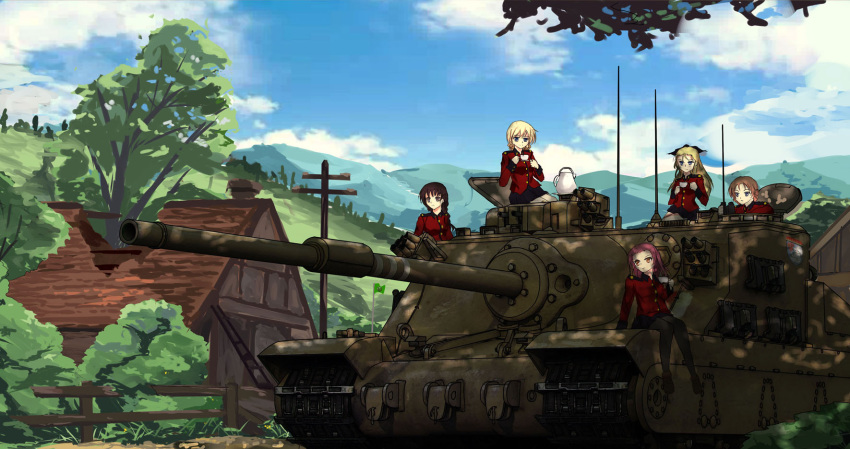 5girls a39_tortoise arm_support assam black_legwear blonde_hair blue_eyes blurry bow braid brown_eyes brown_hair bush caterpillar_tracks clouds cup dappled_sunlight darjeeling depth_of_field dirt_road fence french_braid girls_und_panzer ground_vehicle hair_bow hatch highres hill house long_hair looking_to_the_side military military_vehicle motor_vehicle multiple_girls orange_pekoe pantyhose pink_hair road rosehip rukuriri shadow short_hair single_braid skirt sky sunlight tank teacup teapot telephone_pole tianyu_jifeng uniform world_of_tanks