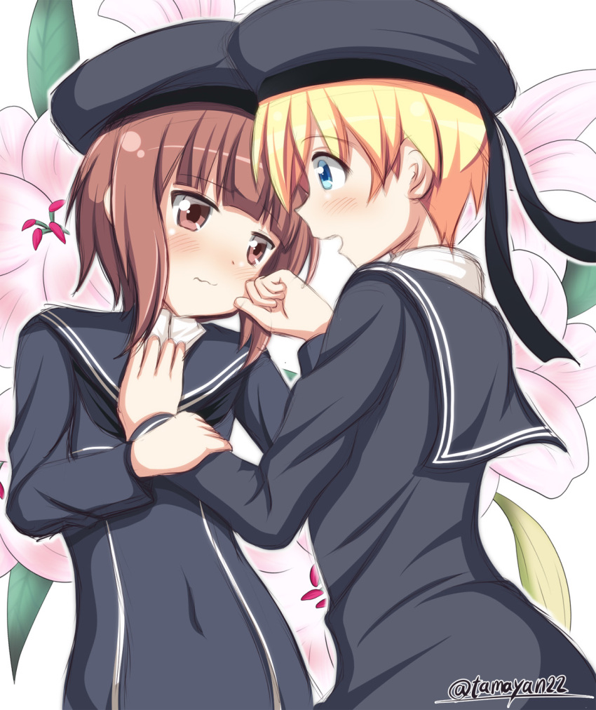2girls black_hair blonde_hair blue_eyes brown_hair covered_navel eye_contact flower hat highres kantai_collection looking_at_another multiple_girls open_mouth sailor_hat short_hair smile tamayan yuri z1_leberecht_maass_(kantai_collection) z3_max_schultz_(kantai_collection)