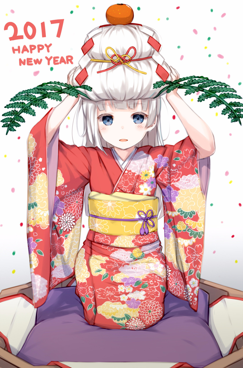 1girl 2017 absurdly_long_hair absurdres blue_eyes blush floral_print folded_hair food food_on_head fruit furisode happy_new_year highres japanese_clothes katoroku kimono kneeling long_hair looking_at_viewer mandarin_orange new_year obi object_on_head original parted_lips pillow red_kimono sash shide smile solo very_long_hair white_background white_hair