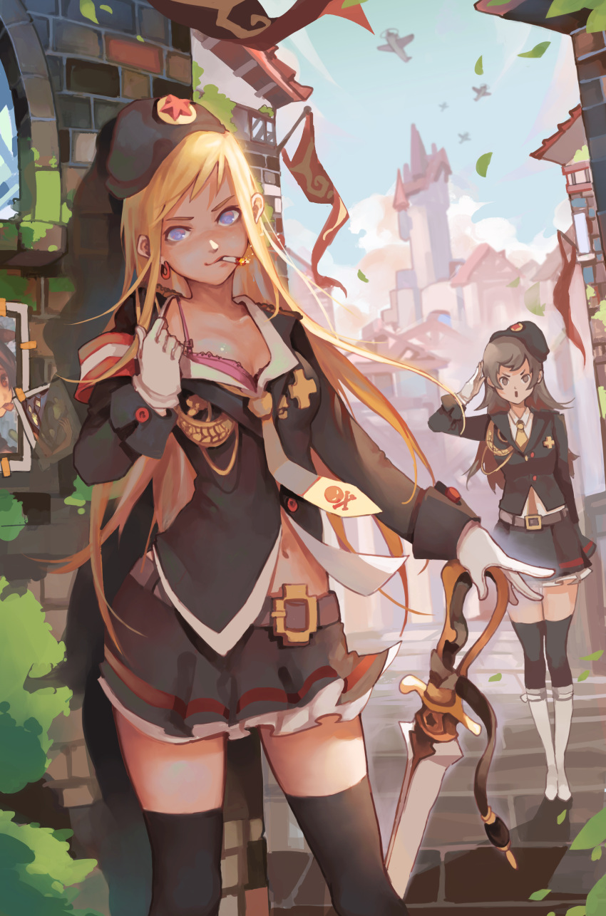 2girls :o absurdres aircraft airplane armband bangs banner belt black_hat black_jacket black_legwear black_skirt blonde_hair blue_eyes blue_sky boots bra breasts brown_eyes brown_hair building castle cigarette clouds cloudy_sky collared_shirt cotton_tan day dress_shirt earrings gloves hand_on_hilt hat highres house jacket jewelry knee_boots leaf legs_together long_hair long_sleeves looking_at_viewer midriff mouth_hold multiple_girls navel necktie open_mouth original petals poster_(object) salute shirt skirt sky star swept_bangs sword thigh-highs underwear uniform weapon white_boots white_gloves white_shirt yellow_necktie zettai_ryouiki