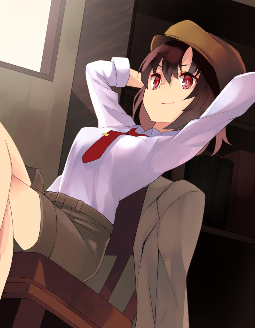 1girl arms_behind_head book bookshelf breasts brown_hair brown_hat brown_jacket day hat highres indoors jacket jacket_removed leaning_back legs_crossed long_sleeves looking_at_viewer necktie nuqura red_eyes red_necktie room shameimaru_aya shirt short_hair sitting sleeves_rolled_up small_breasts smile solo thighs tie_clip touhou white_shirt window