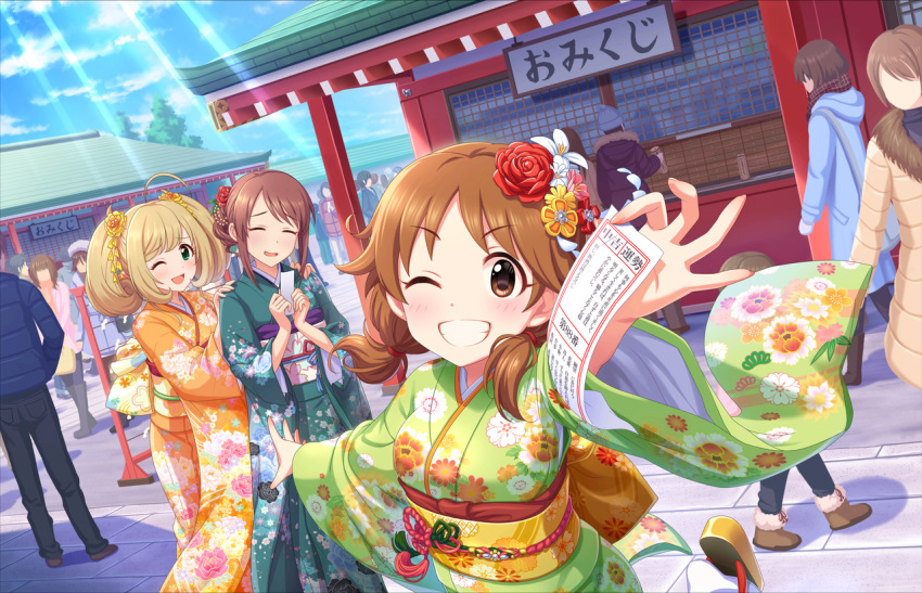 3girls ahoge artist_request bangs blonde_hair blush brown_hair closed_eyes flower green_eyes grin hair_flower hair_ornament idolmaster idolmaster_cinderella_girls idolmaster_cinderella_girls_starlight_stage japanese_clothes katagiri_sanae kimono long_hair looking_at_viewer low_twintails mifune_miyu multiple_girls new_year official_art one_eye_closed open_mouth satou_shin short_hair smile twintails