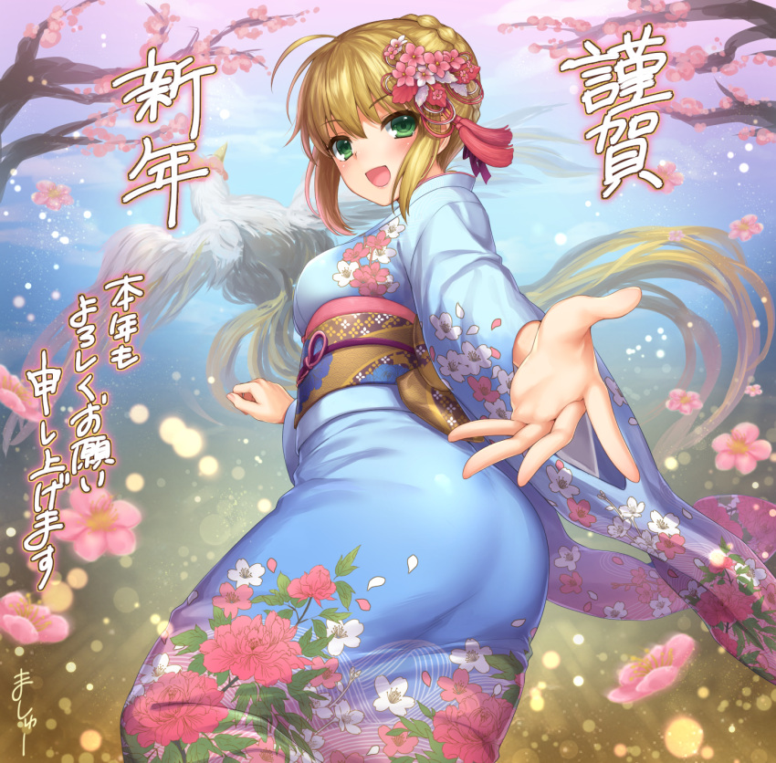 &gt;:d 1girl :d ahoge animal ass bangs beckoning bird blonde_hair blue_kimono blush braid breasts chicken clouds cowboy_shot crown_braid fate_(series) fingernails floral_print flower gradient gradient_background green_eyes hair_flower hair_ornament happy_new_year highres japanese_clothes kimono light_particles long_sleeves looking_at_viewer looking_back mashu_003 medium_breasts nail_polish nengajou new_year obi open_hand open_mouth palms pink_flower pink_nails print_kimono rooster saber sash sidelocks smile spread_fingers tassel translated wide_sleeves year_of_the_rooster