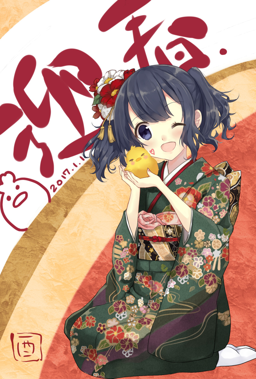 1girl alternate_costume bird blue_eyes blue_hair blush bow breasts chick floral_print flower full_body hair_between_eyes hair_bow hair_flower hair_ornament highres japanese_clothes kantai_collection kimono kinatsu_ship looking_at_viewer medium_breasts multicolored_background nengajou new_year obi one_eye_closed open_mouth sash seiza short_hair short_twintails signature sitting souryuu_(kantai_collection) translated twintails year_of_the_rooster