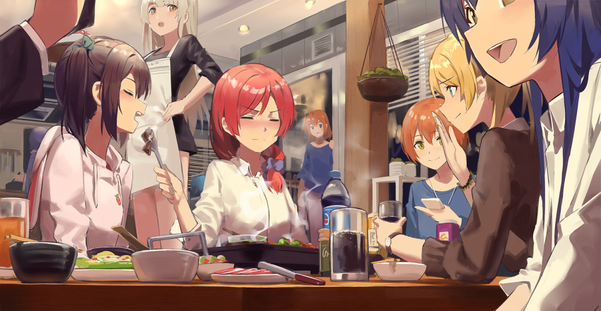 6+girls apron ayase_eli black_hair blonde_hair bow bowl bracelet brown_hair chopsticks closed_eyes commentary_request covering_mouth cup drinking_glass feeding frown green_bow grey_hair hair_bow hair_over_shoulder hand_on_hip hanging_plant hoshizora_rin huanxiang_heitu jewelry kousaka_honoka long_hair love_live! love_live!_school_idol_project minami_kotori multiple_girls necklace nishikino_maki open_mouth orange_hair pepsi redhead restaurant scrunchie short_hair smile soda_bottle sonoda_umi twintails yazawa_nico