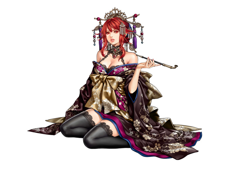 1girl black_hair breasts cleavage floral_print hair_ornament headdress highres holding_pipe japanese_clothes kimono lips long_sleeves looking_at_viewer medium_breasts nail_polish off_shoulder official_art parted_lips red_eyes red_stone redhead sidelocks simple_background sitting solo thigh-highs white_background yokozuwari