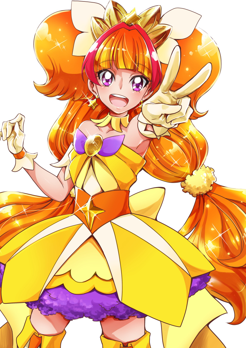 1girl :d absurdres amanogawa_kirara bow brooch choker cowboy_shot cure_twinkle earrings gloves go!_princess_precure highres jewelry long_hair looking_at_viewer low-tied_long_hair magical_girl multicolored_hair open_mouth orange_hair precure purple_bow quad_tails redhead sharumon skirt smile solo star star_earrings streaked_hair thigh-highs twintails two-tone_hair v violet_eyes white_background white_gloves yellow_bow yellow_skirt