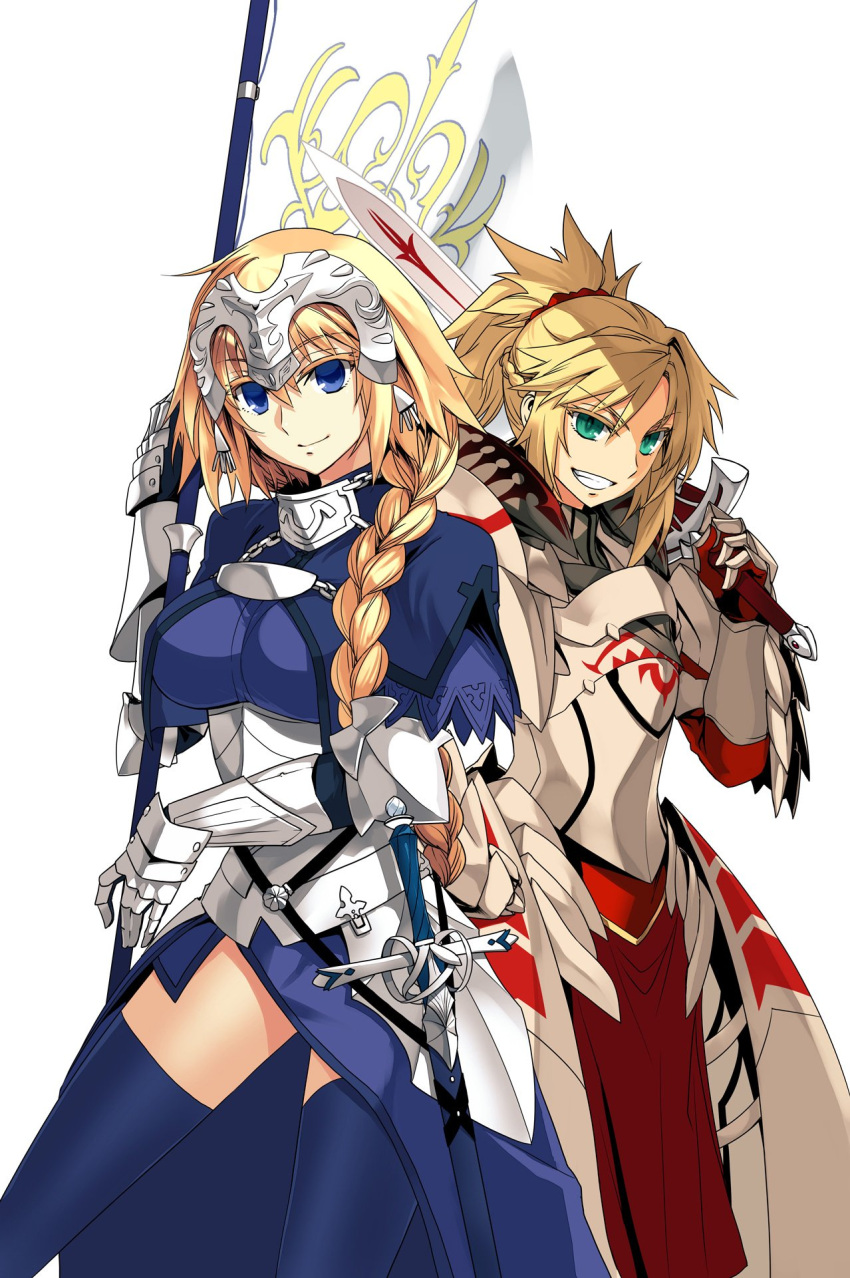2girls armor armored_dress blonde_hair blue_eyes fate/apocrypha fate_(series) green_eyes highres ishida_akira jeanne_d'arc multiple_girls polearm saber_of_red spear sword weapon