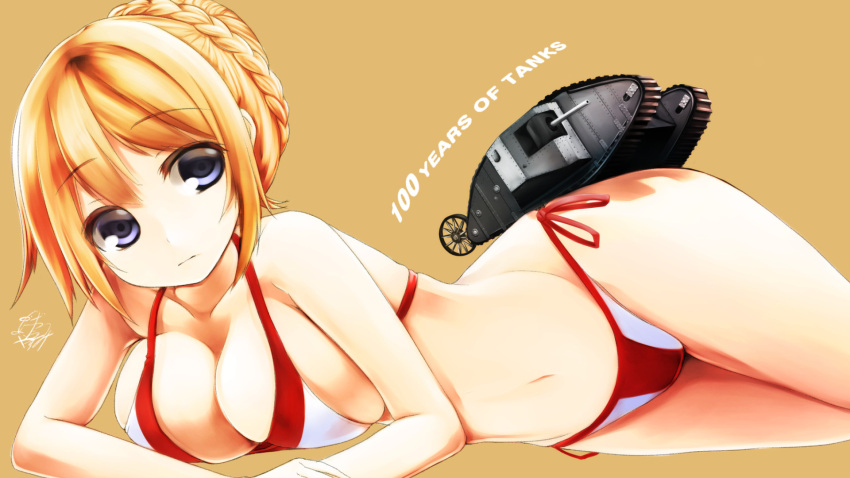 1girl arm_support artist_name bangs bikini blonde_hair blue_eyes braid breasts brown_background closed_mouth commentary_request english french_braid ground_vehicle highres large_breasts looking_at_viewer lying mark_i_tank military military_vehicle miniature motor_vehicle on_side original red_bikini short_hair side-tie_bikini signature simple_background solo swimsuit tank tukiyofree