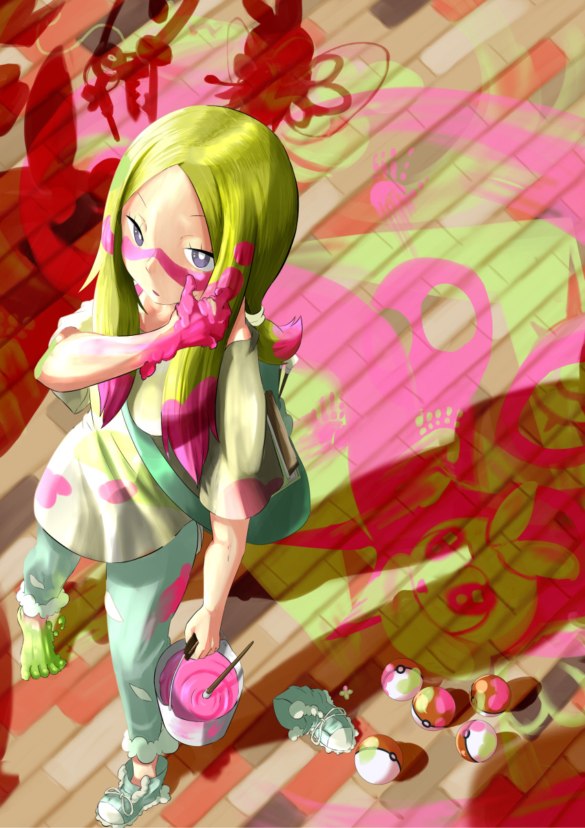 1girl absurdres antennae bag barefoot blonde_hair blue_pants bra bucket facepaint from_above full_body granbull grey_eyes half-closed_eyes highres holding insect_wings klefki long_hair low_ponytail matsurika_(pokemon) notepad off_shoulder oversized_clothes oversized_shirt paint paint_can paintbrush pants pink_bra poke_ball pokemon pokemon_(creature) pokemon_(game) pokemon_sm ribombee shadow shiinotic shirt shoes single_shoe sneakers sports_bra standing strap toes torn_clothes torn_pants toufu_(pixiv2049892) trial_captain underwear white_shirt wigglytuff wings