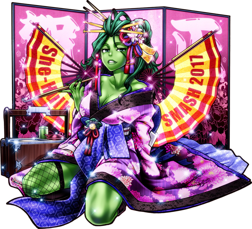 1girl 2017 bare_shoulders breasts chiba_toshirou cleavage green_eyes green_hair green_skin japanese_clothes kimono long_hair looking_at_viewer marvel pipe seiza she-hulk sitting smile solo thick_thighs thighs