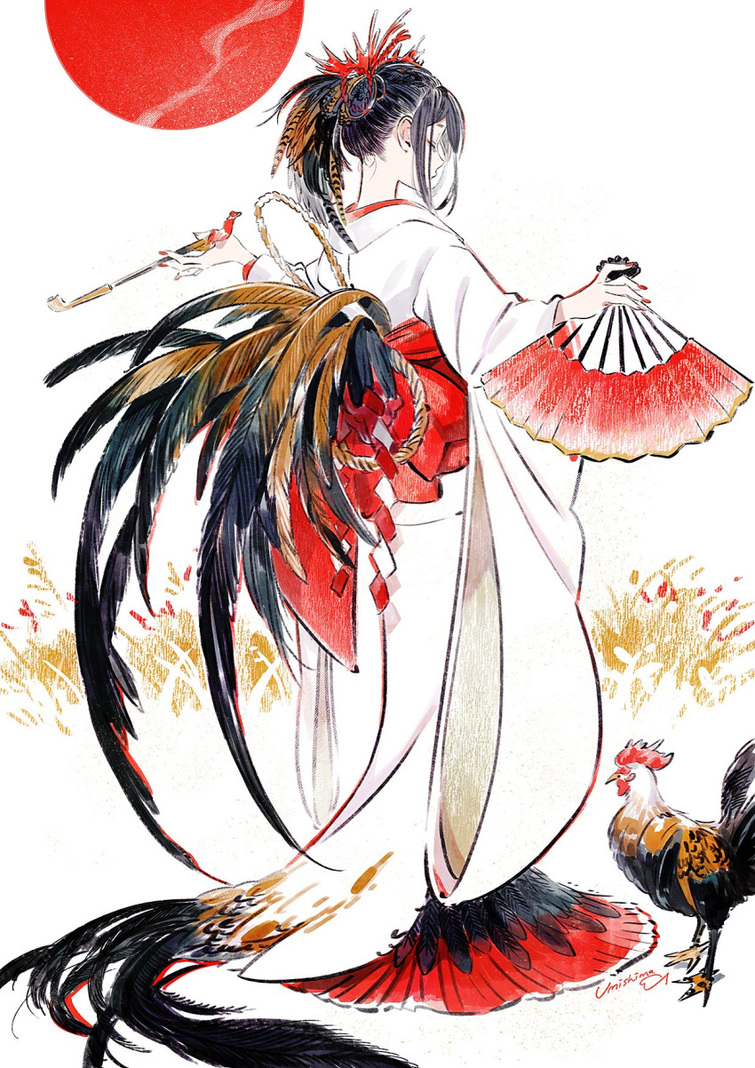 1girl bird black_feathers black_hair chicken fan feathers hair_ornament highres japanese_clothes kaisen kimono long_hair new_year original pipe rooster year_of_the_rooster