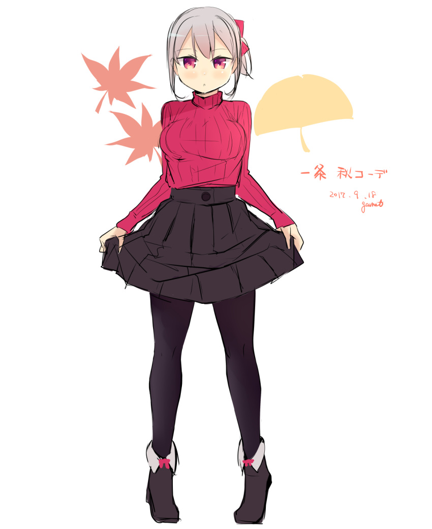 artist_name dated full_body garnet gradient_hair hair_ribbon highres lifted_by_self looking_at_viewer multicolored_hair original pantyhose red_eyes ribbed_sweater ribbon short_hair silver_hair simple_background skirt skirt_lift standing sweater
