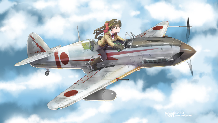 1girl aircraft airplane boots bow breast_press brown_eyes brown_hair clouds gflying gloves goggles hair_bow highres pantyhose pleated_skirt ponytail profile propeller sitting skirt solo tokihama_jirou world_war_ii
