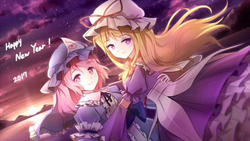 2017 2girls backlighting bangs blonde_hair blurry bow choker clouds depth_of_field detached_sleeves dress dutch_angle english frilled_shirt_collar frills hair_bow half-closed_eyes hand_on_another's_back happy_new_year hat hat_ribbon horizon japanese_clothes kimono lake long_sleeves looking_at_viewer minust mob_cap mountain multiple_girls new_year night night_sky obi pink_eyes pink_hair purple_dress ribbon ribbon_choker saigyouji_yuyuko sash short_sleeves sidelocks sky smile star_(sky) starry_sky sunset touhou triangular_headpiece twilight veil violet_eyes wide_sleeves wind yakumo_yukari