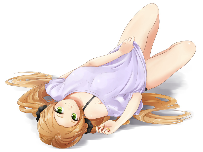 1girl bangs blonde_hair blush breasts closed_mouth green_eyes highres inubouzaki_fuu komuzuka lavender_shirt low_twintails lying medium_breasts nail_polish off_shoulder on_back parted_bangs smile solo twintails twitter_username white_background yellow_nails yuuki_yuuna_wa_yuusha_de_aru yuusha_de_aru