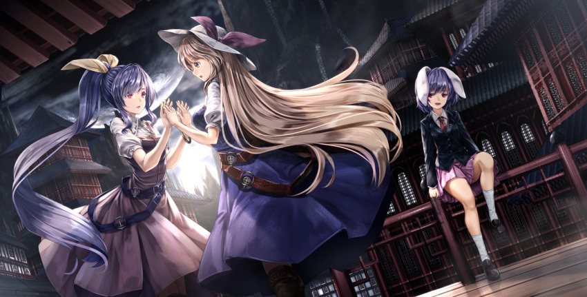 3girls animal_ears architecture belt blazer blonde_hair blue_hair boots bow breasts dutch_angle east_asian_architecture hair_bow hair_ribbon hand_holding hands_together hat highres jacket jitome knee_boots kneehighs loafers long_hair long_sleeves medium_breasts multiple_girls necktie open_mouth pink_skirt pleated_skirt ponytail purple_hair rabbit_ears red_eyes reisen revision ribbon ryosios shoes short_hair short_sleeves sitting skirt touhou very_long_hair watatsuki_no_toyohime watatsuki_no_yorihime white_legwear yellow_eyes