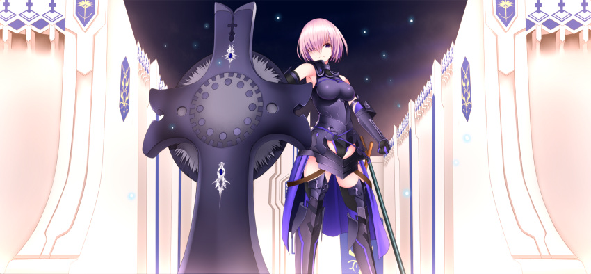 armor armored_boots bare_shoulders belt boots clenched_teeth cowter fate/grand_order fate_(series) gauntlets highres lavender_hair looking_at_viewer night sheath sheathed shield shielder_(fate/grand_order) short_hair standing sukage sword teeth violet_eyes walls weapon