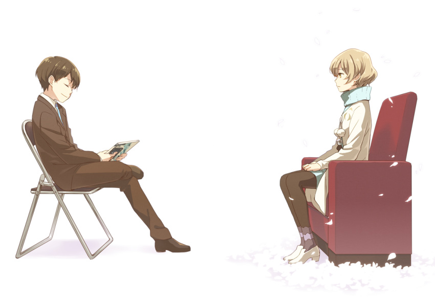 1boy 1girl black_gloves black_hair black_legwear brown_eyes brown_hair chair closed_eyes coat couch formal gloves kannuki_hisui kizaki_asuna moritsuka_shun occultic;nine pantyhose petals short_hair sitting white_background