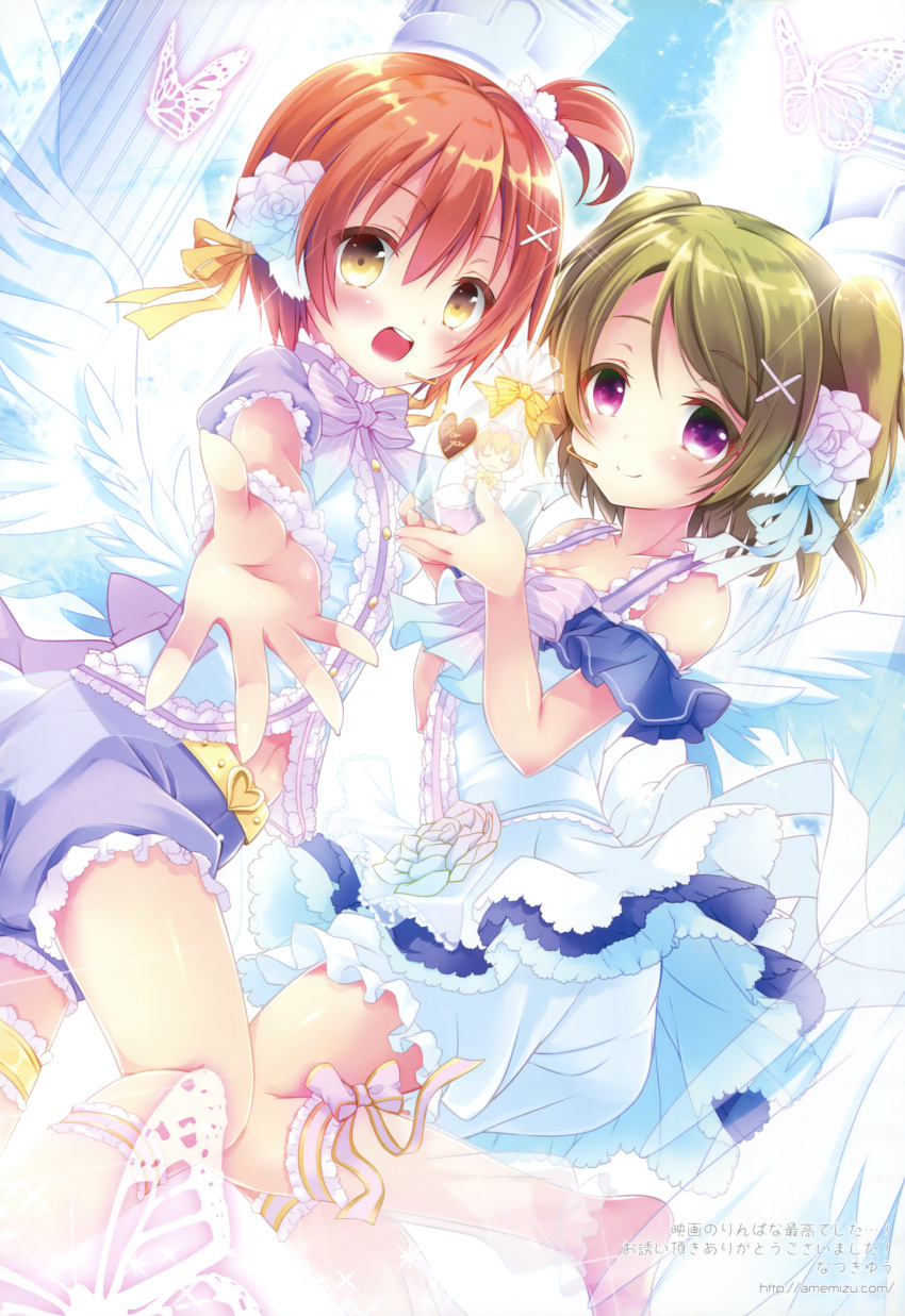 2girls absurdres belt blue_flower blue_shorts bow breasts brown_eyes brown_hair cleavage collarbone eyebrows_visible_through_hair feathered_wings flower hair_flower hair_ornament hair_ribbon hair_scrunchie highres hoshizora_rin koizumi_hanayo long_hair love_live! multiple_girls natsuki_yuu navel neck_bow one_leg_raised one_side_up open_mouth outstretched_arm ribbon scrunchie short_hair shorts shorts_under_skirt sleeveless small_breasts thigh_strap two_side_up violet_eyes white_bow white_flower white_shorts white_wings wings wrist_cuffs yellow_ribbon